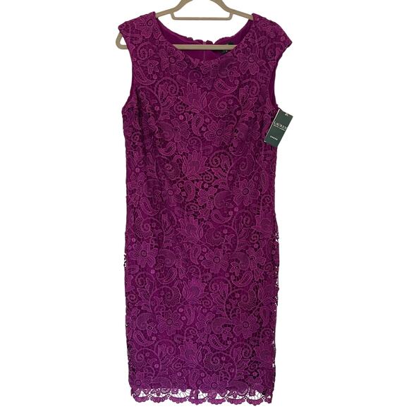 NWT Lauren Ralph Lauren Formal Sheath Lace Scalloped Hem Women's Dress Size 14 - Picture 1 of 12